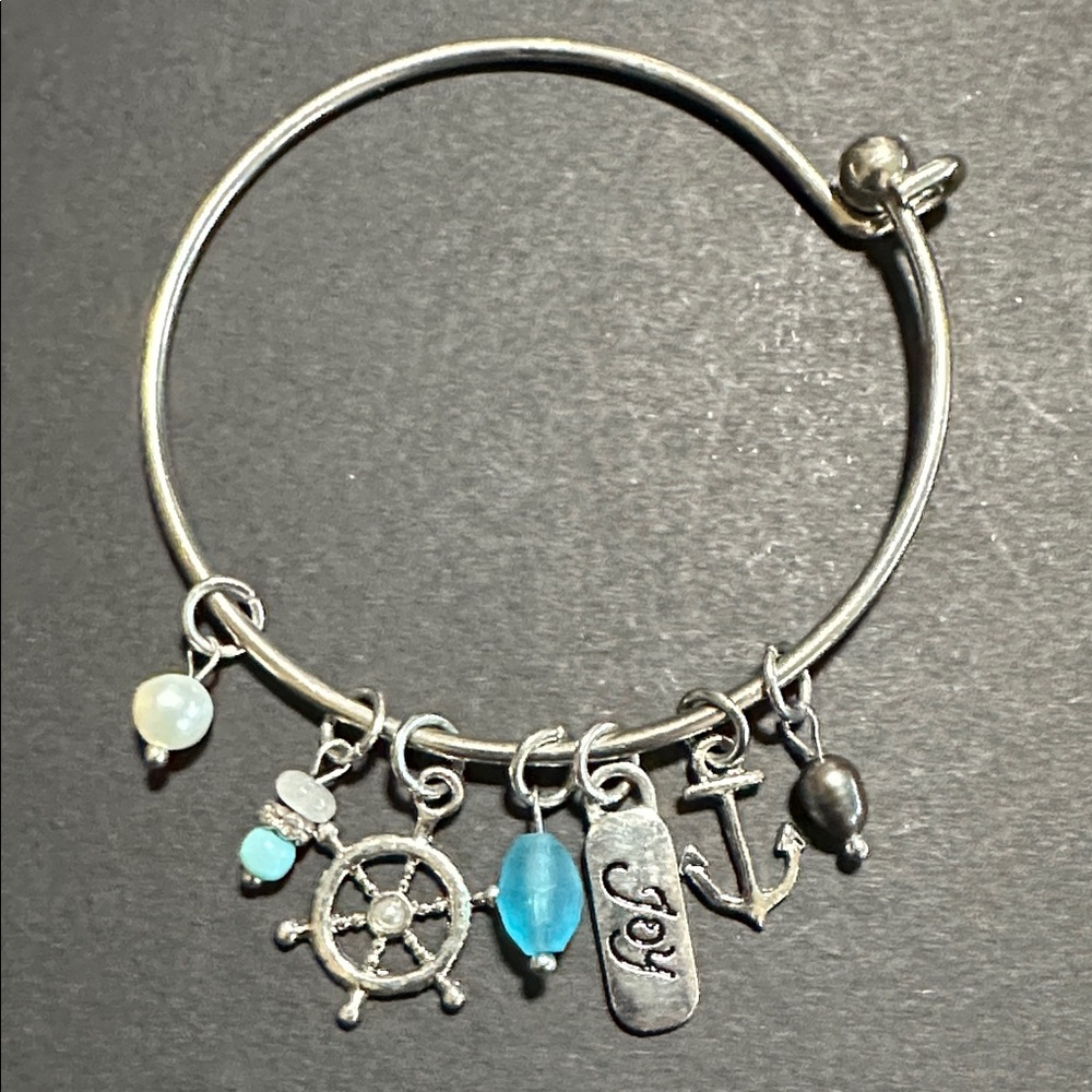 Silver Tone Glass Bead Faux Pearl Charm Bangle Bracelet